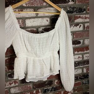 NWT Women’s Lush Puckered Peasant Squared Neck Back Tie Off-Shoulder Blouse